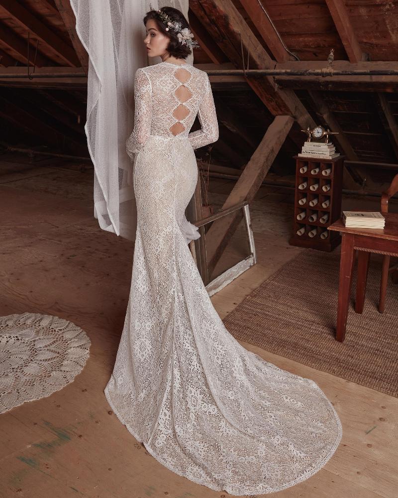 Lp2123 long sleeve lace boho wedding dress with v neck and sheath silhouette2